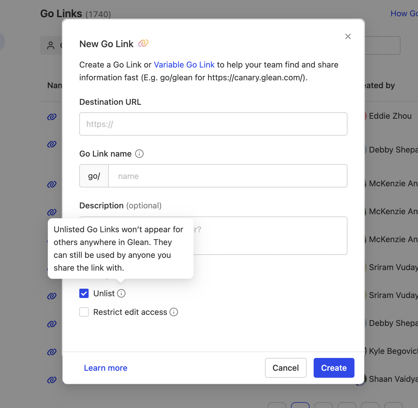 Create Unlisted Go Link