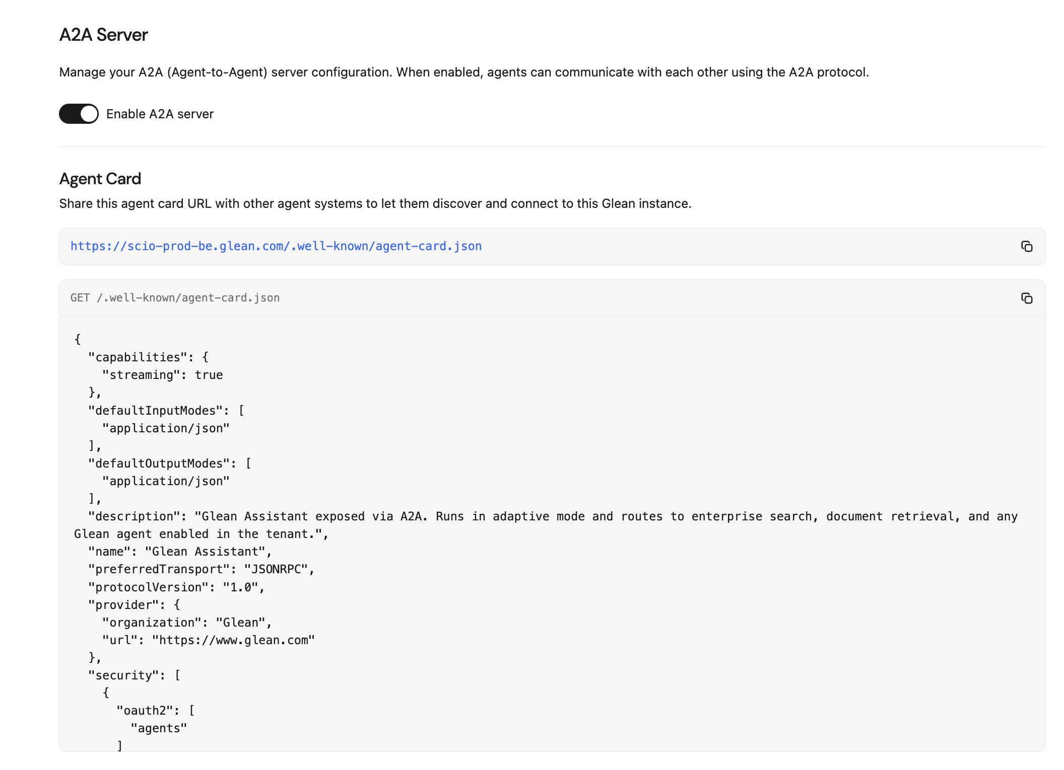 A2A Server admin page showing the Enable A2A server toggle and the agent card section