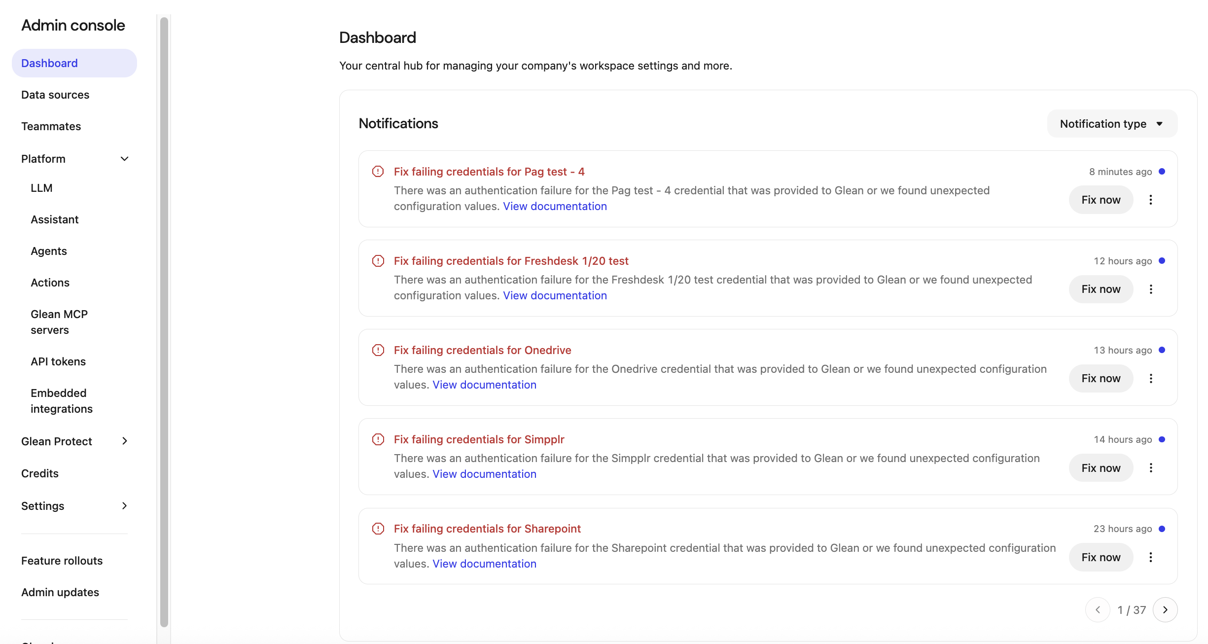 Dashboard notification panel