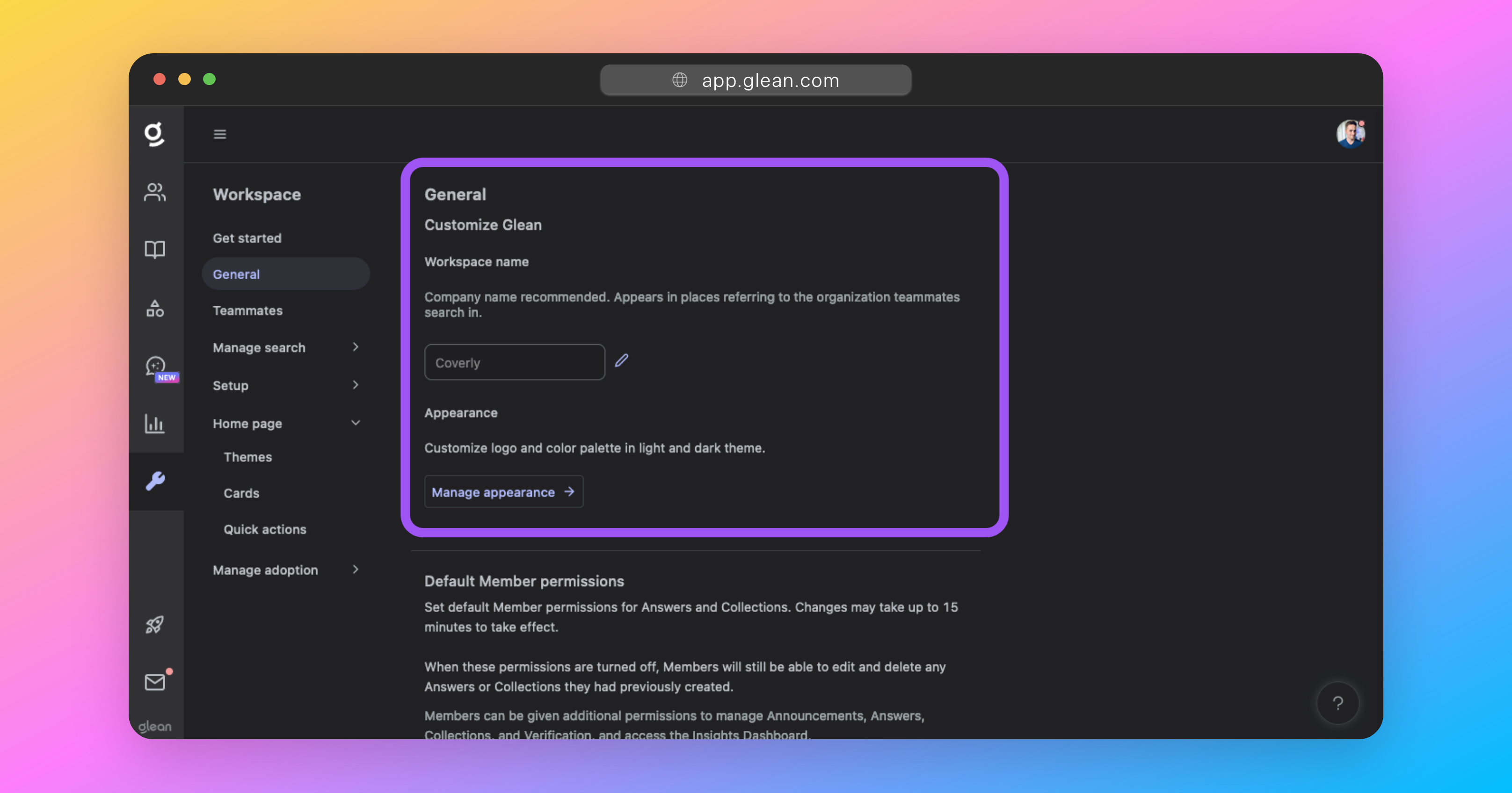 The Workspace name is used throughout the Glean UI and should be set to a shorthand version of your company name
