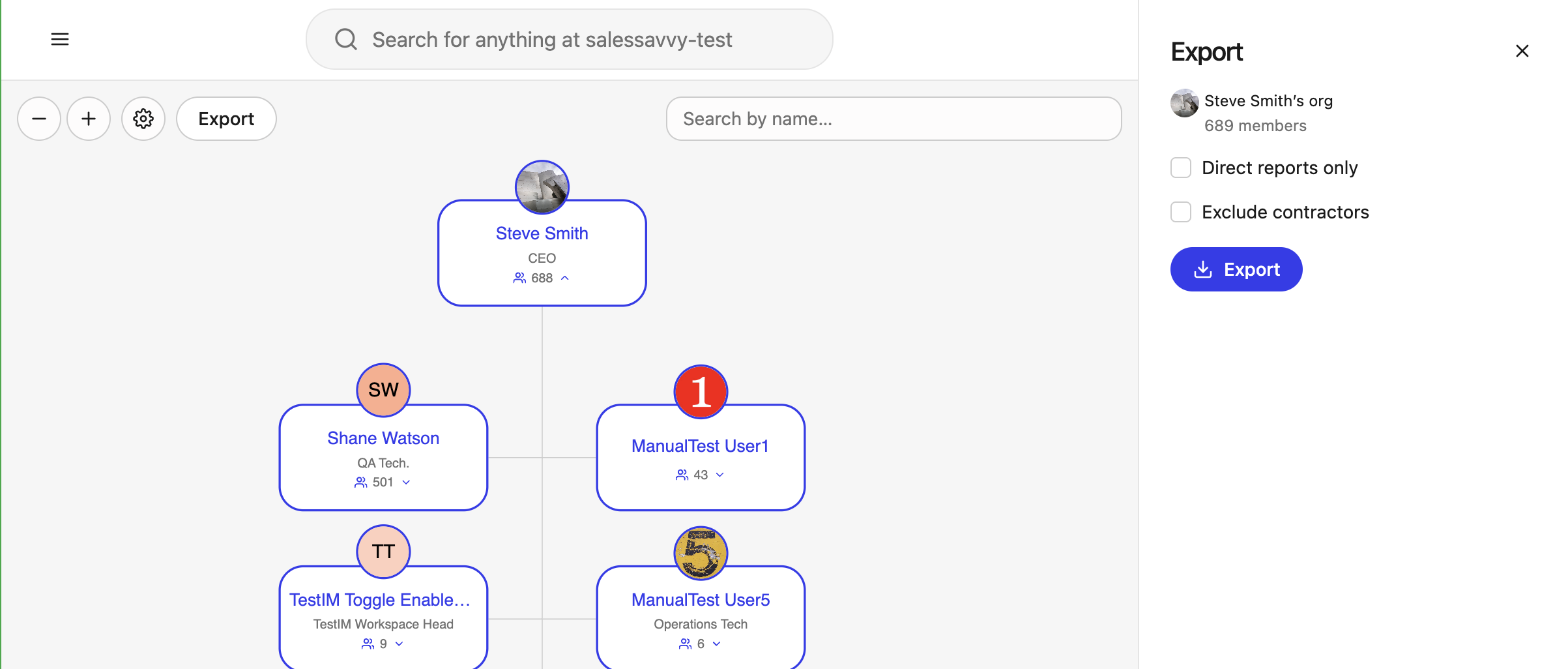 Org chart with the Export button in the toolbar
