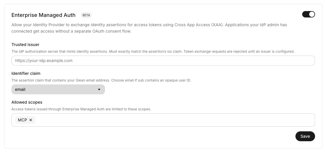 Enterprise Managed Auth settings on the Third-party access (OAuth) page