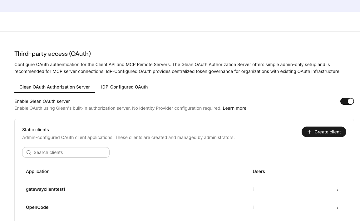 Static clients panel on the Third-party access (OAuth) page