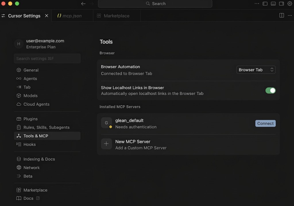 Cursor Settings, Tools and MCP, showing the Glean MCP remote server with Needs authentication and the Connect button