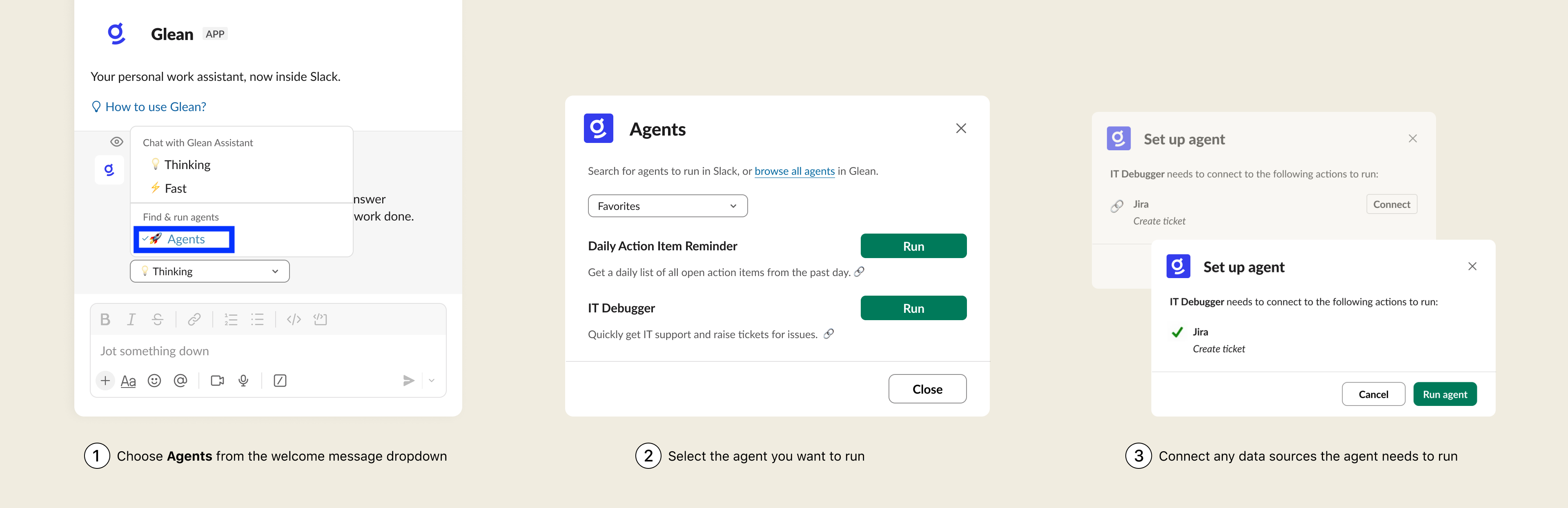 Select an agent and mode in the Glean sidebar