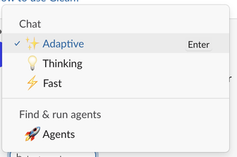 Glean Chat menu showing Adaptive, Thinking, Fast, and Find & run agents