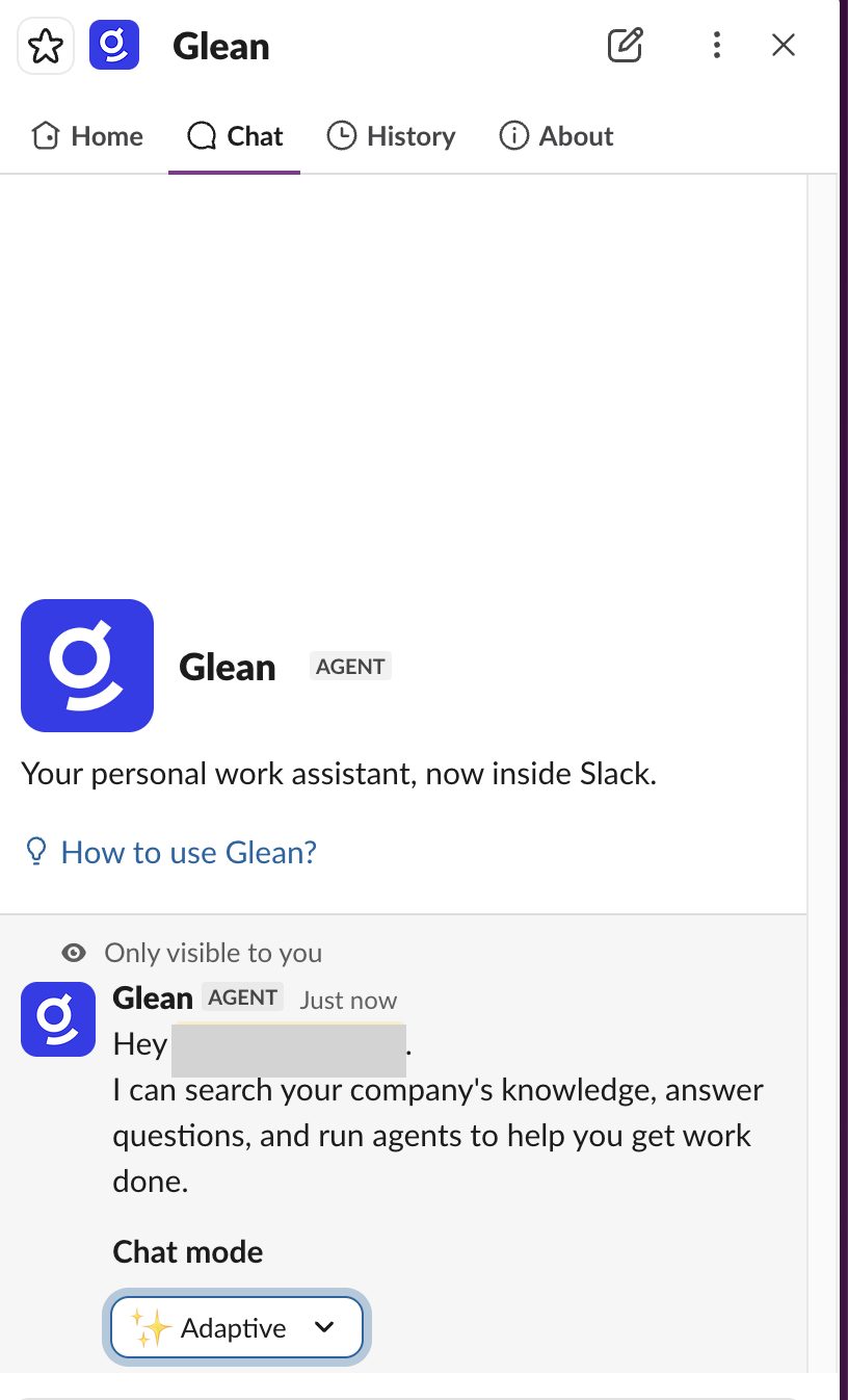 Glean Chat tab in Slack showing the Adaptive mode