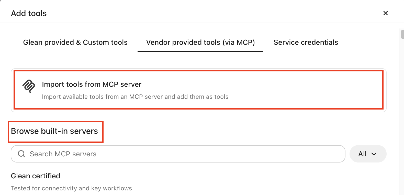 Add tools dialog with the Vendor provided tools (via MCP) tab open