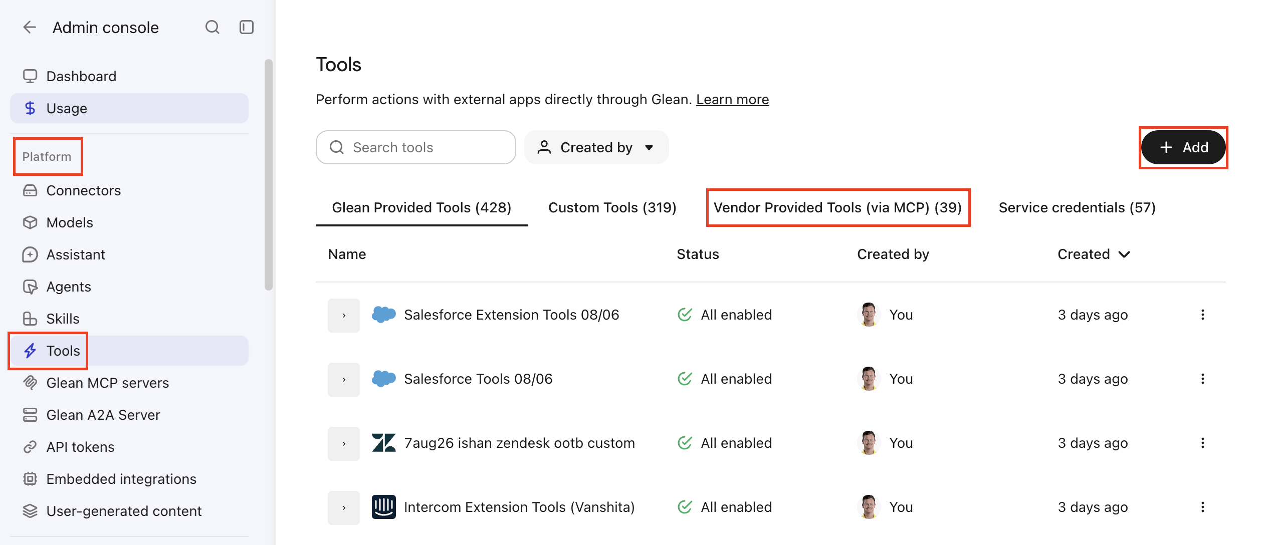 Tools page with the Vendor Provided Tools (via MCP) tab open