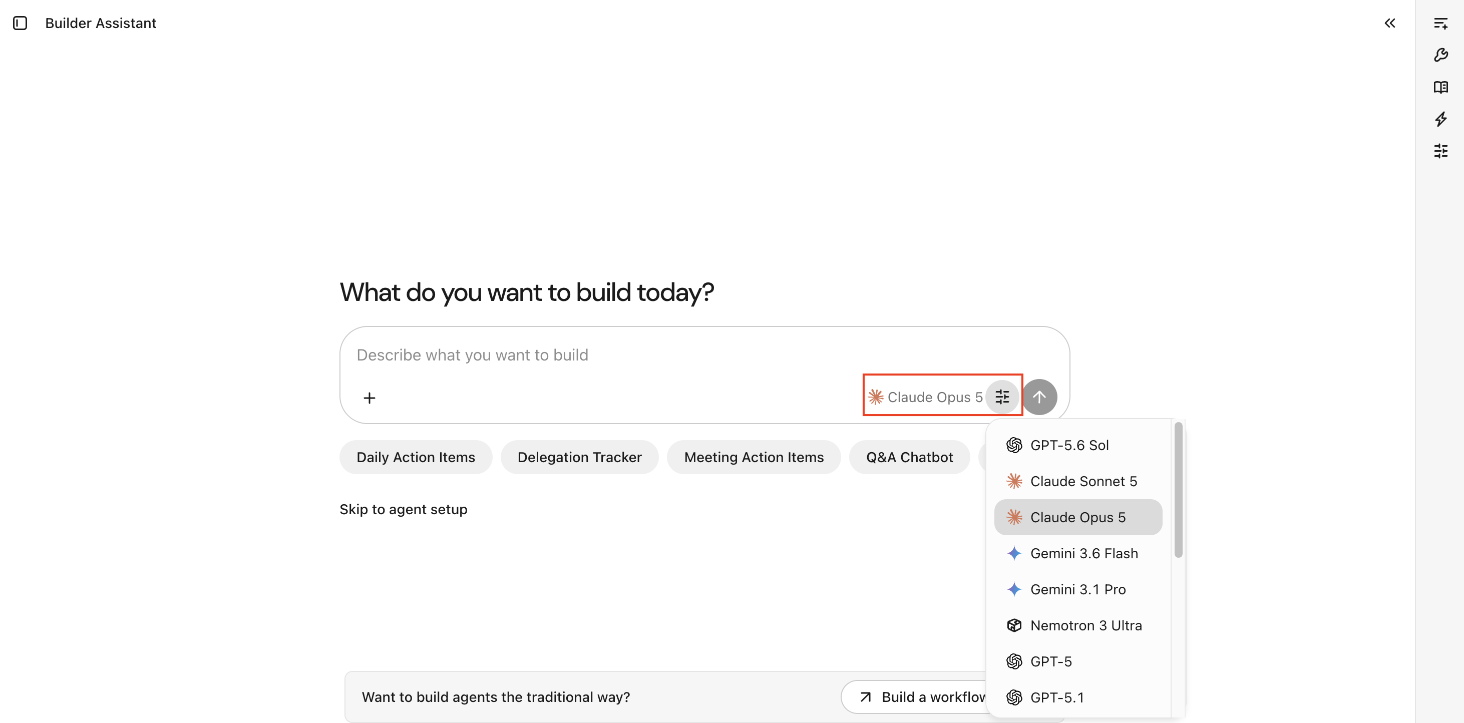 Model picker in the Builder Assistant chat bar