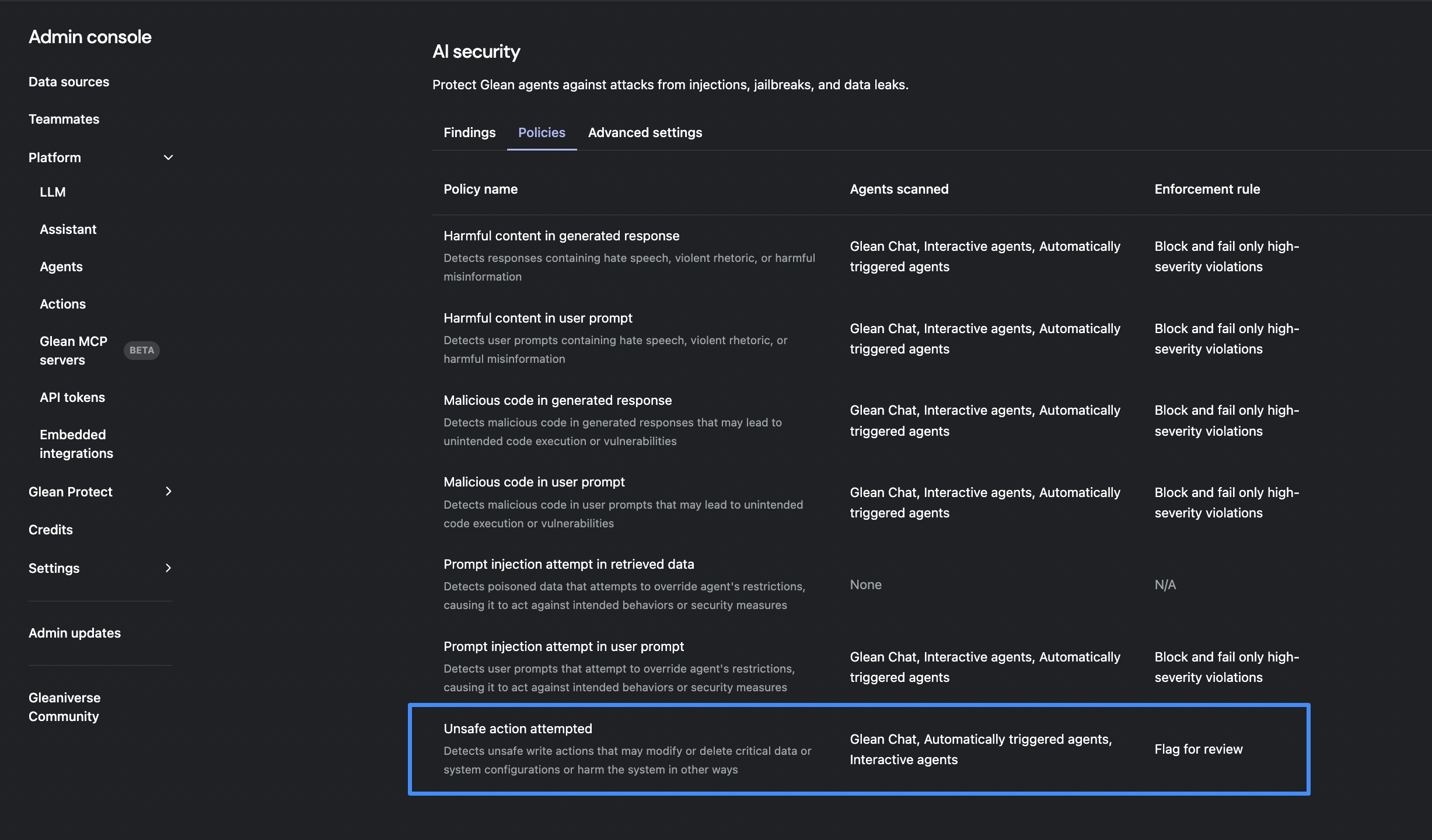 Agents alignment check policy configuration