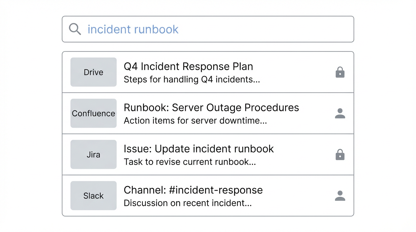 Figure 2: Mock Glean search results for the query "incident runbook", showing results from Drive, Confluence, Jira, and Slack with small permission icons.