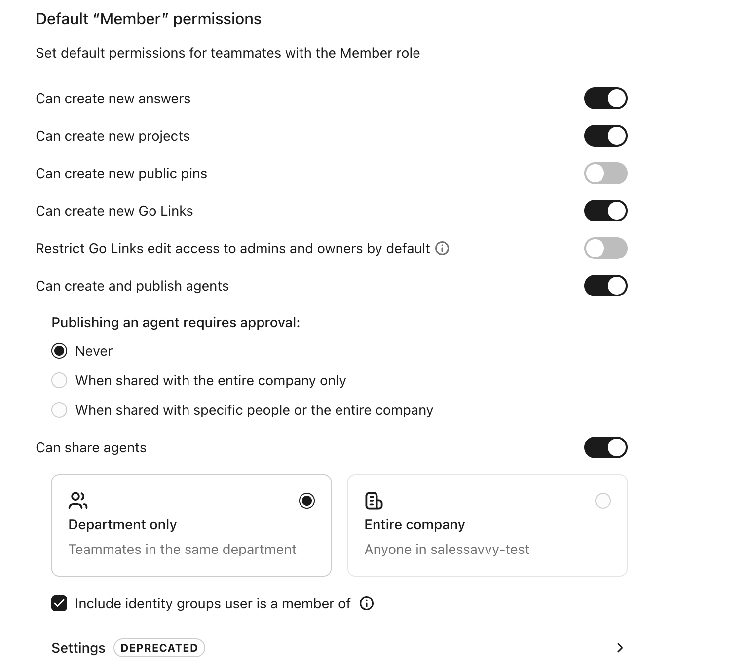 Can create and publish agents, Can publish agents via embedding, API, and Slack, and Can share agents, settings in Default Member permissions