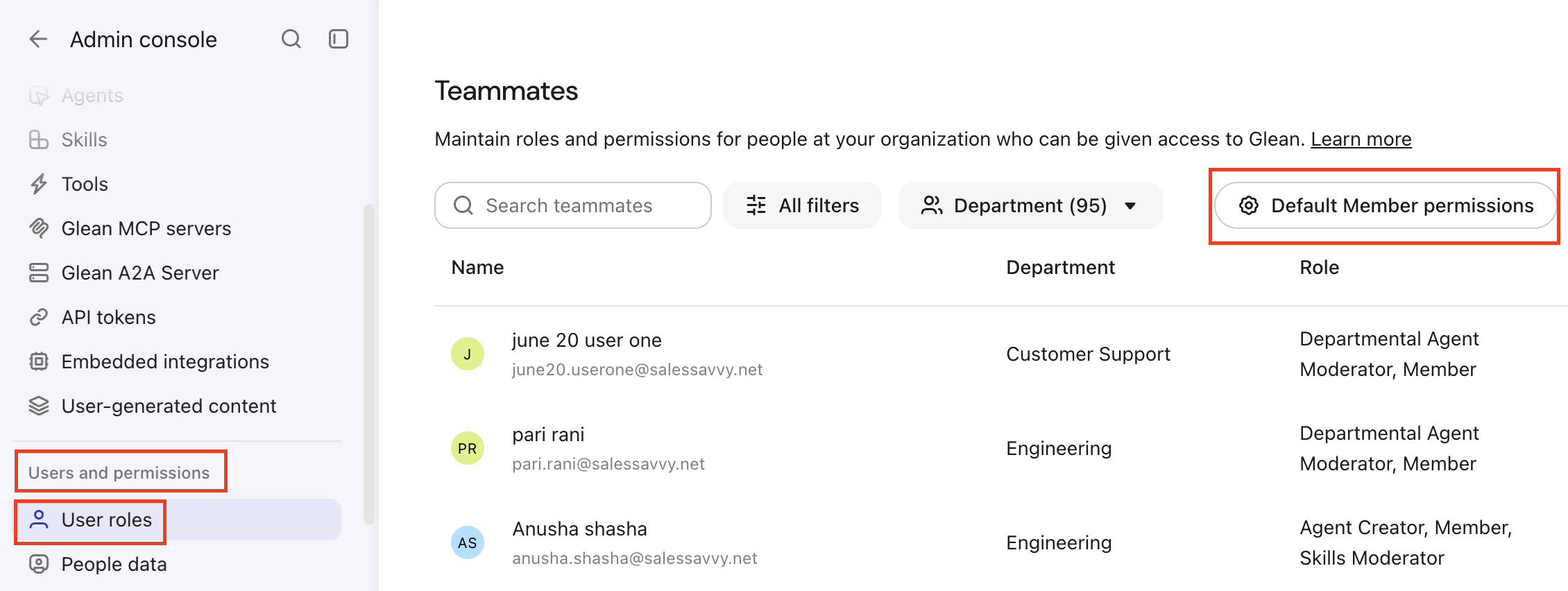 Default Member permissions button on the Teammates page