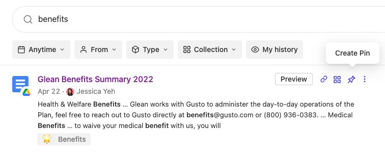 Pins allow you to push content to the top of search results based on specific keywords
