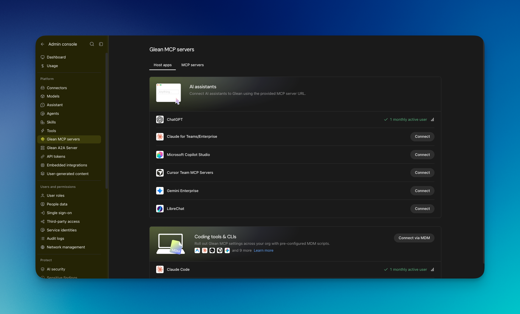 The Host apps tab in the Glean Admin console showing AI assistant and coding tool setup options