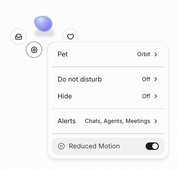 Pet settings menu with Pet, Do not disturb, Hide, Alerts, and Reduced Motion controls