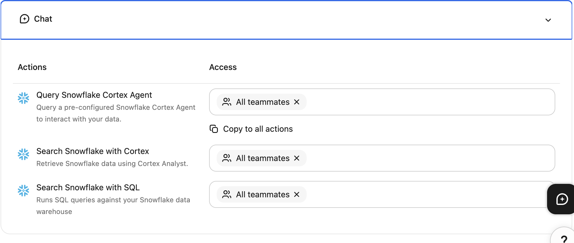 Enabling chat for Snowflake actions