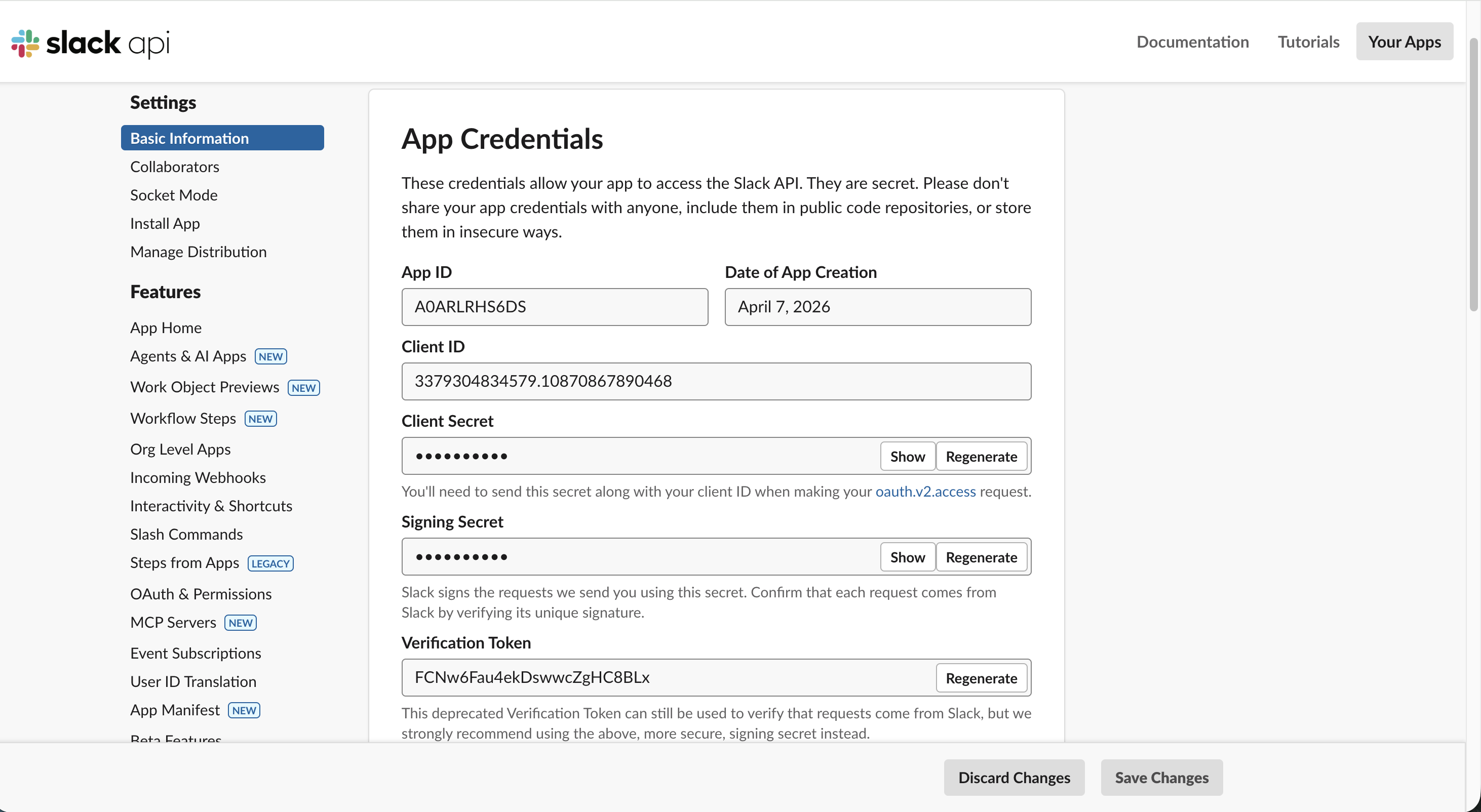 Slack app basic information with Client ID and Client Secret