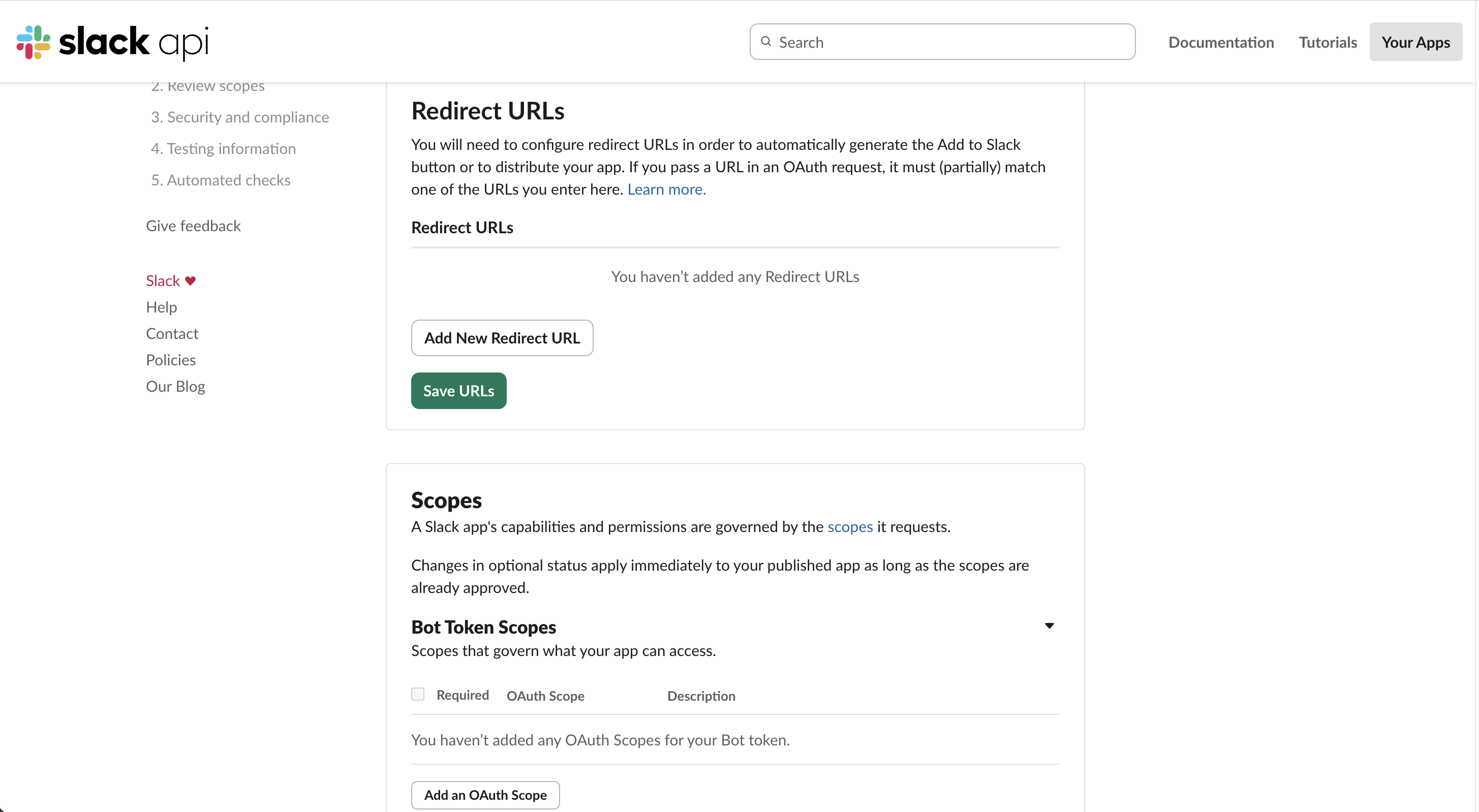 Slack OAuth and Permissions: redirect URL and bot scopes