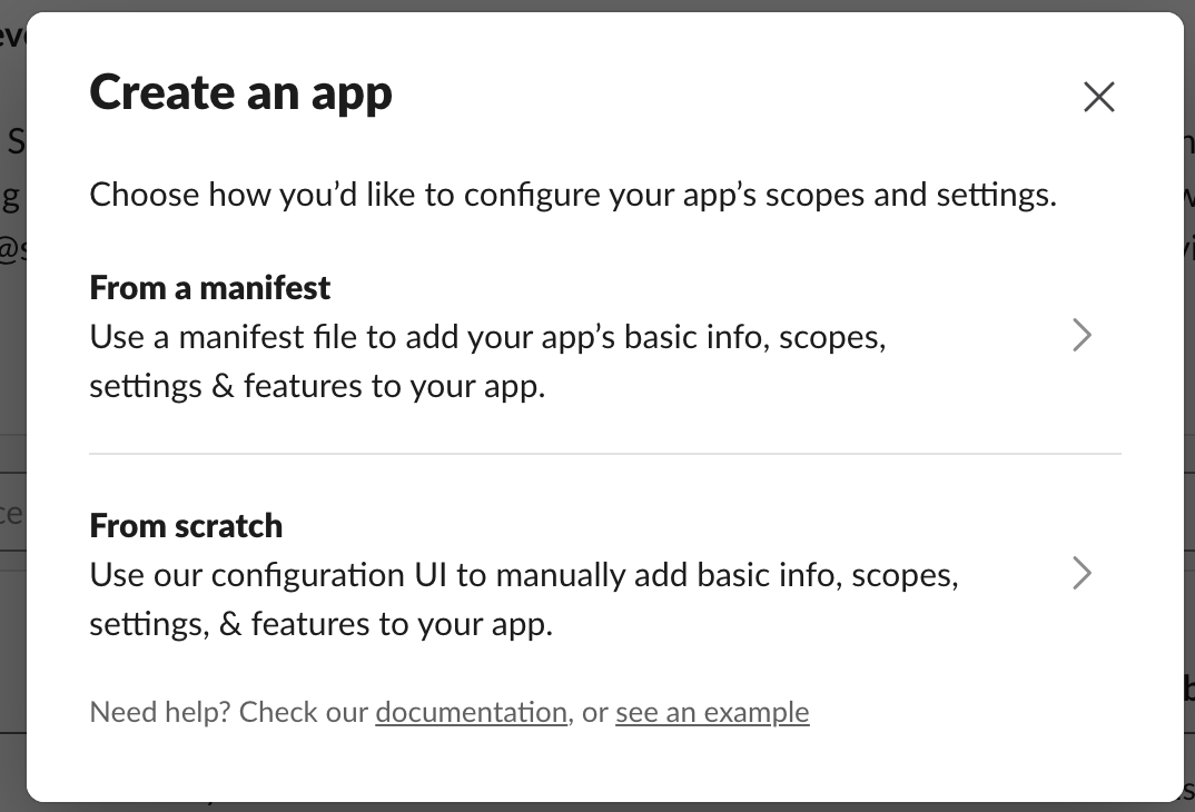 Slack Create New App from scratch: app name and workspace