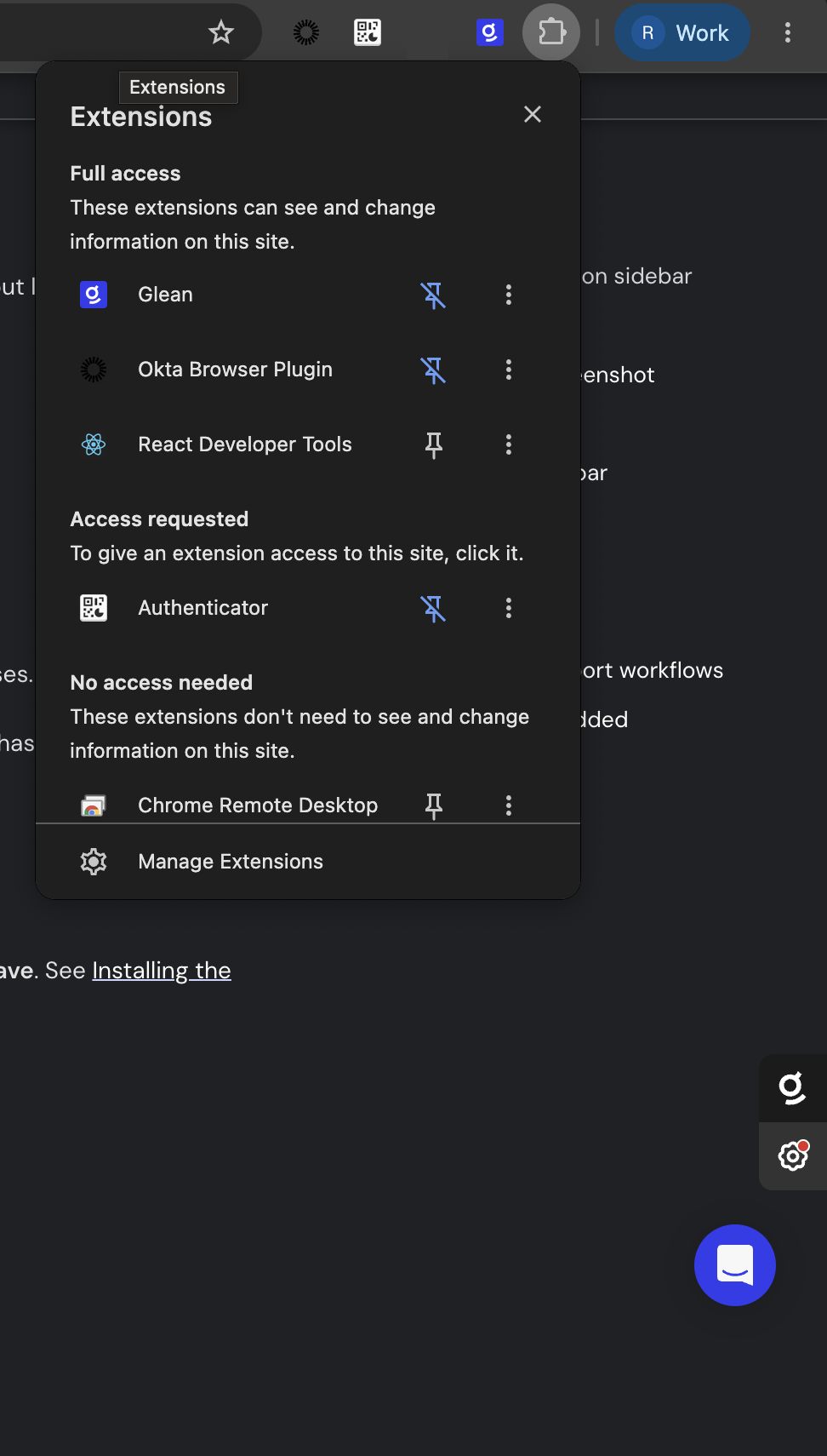 The Glean browser extension icon shown in the Extensions menu, pinned in the browser toolbar, and available on the sticky tab at the bottom right.